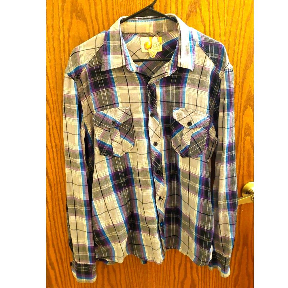 Vintage OP Ocean Pacific Plaid Flannel Shirt Mens L Purple Blue Skater